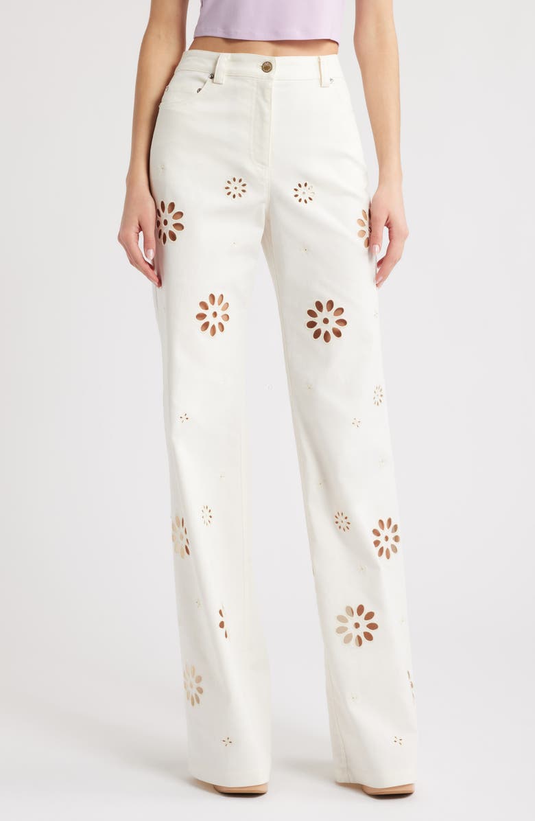 LoveShackFancy Carolette Eyelet Cutout Bootcut Jeans, Main, color, 