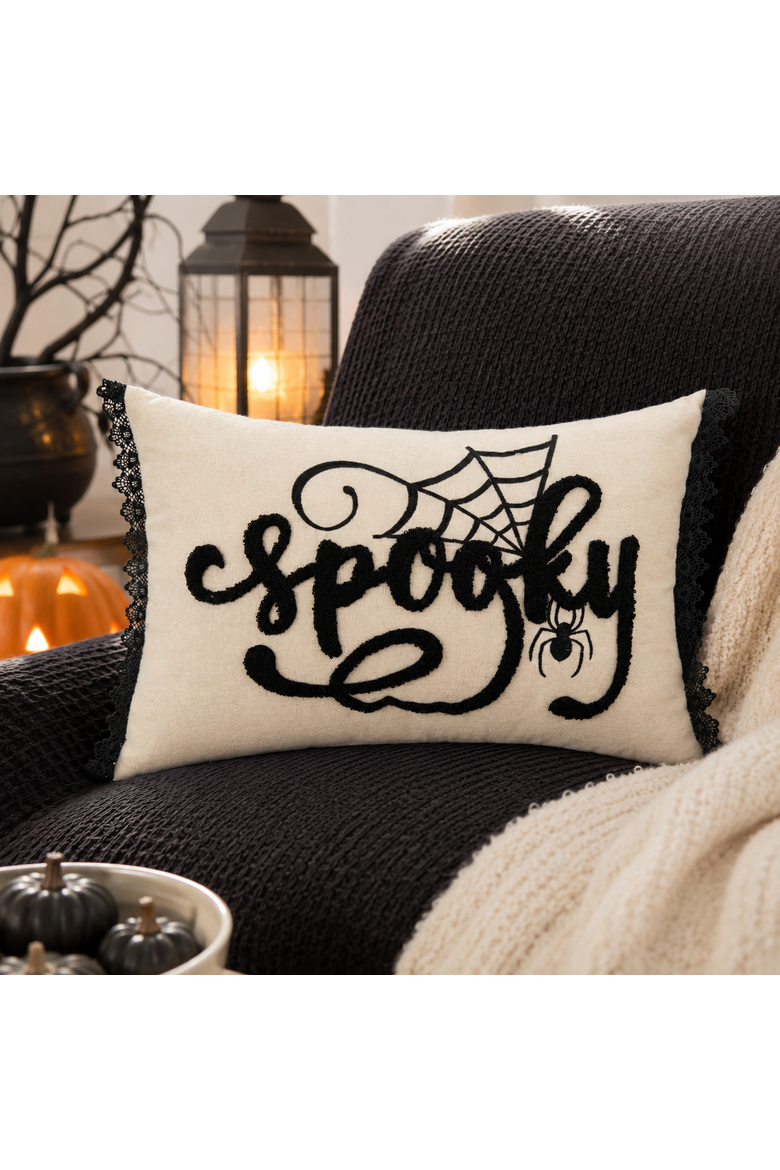 "Spooky" Spider Web Halloween Lumbar Accent Pillow 14" x 22", Alternate, color, Beige