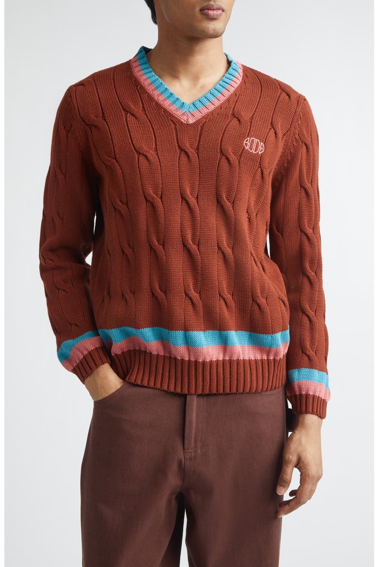 Cable Knit Cotton Tennis Sweater, Main, color, BROWN