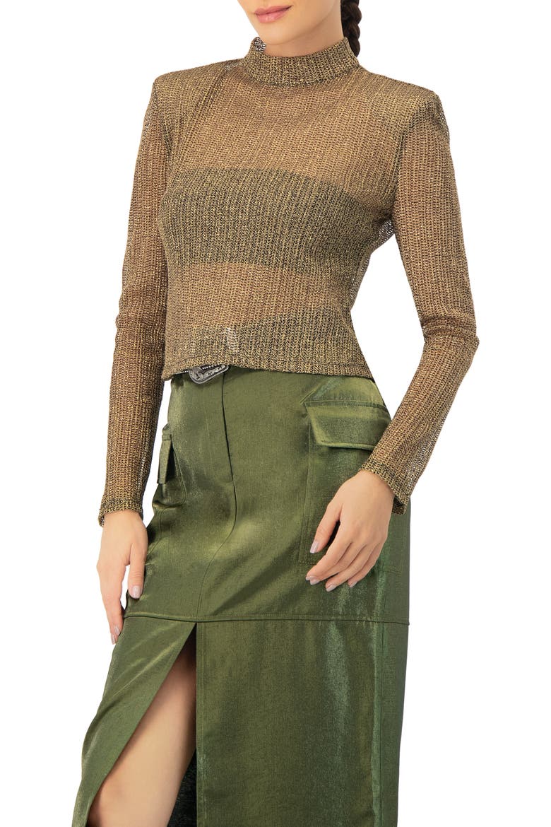 Long Sleeve Cropped Blouse with High Neck, Alternate, color, Gold
