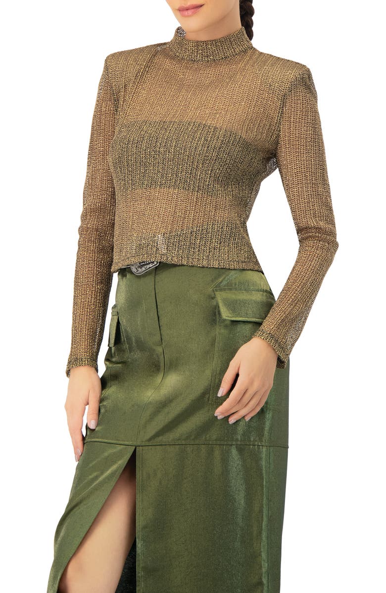 IVONNE Long Sleeve Cropped Blouse with High Neck, Alternate, color, Gold