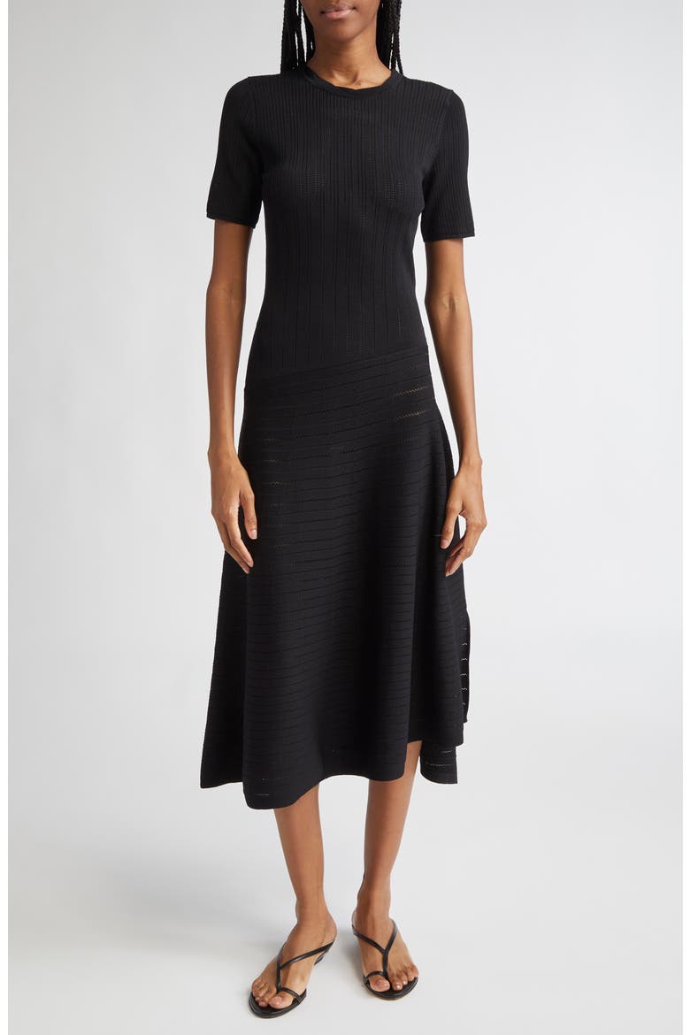 Mixed Stitch Asymmetric Midi Sweater Dress, Main, color, BLACK