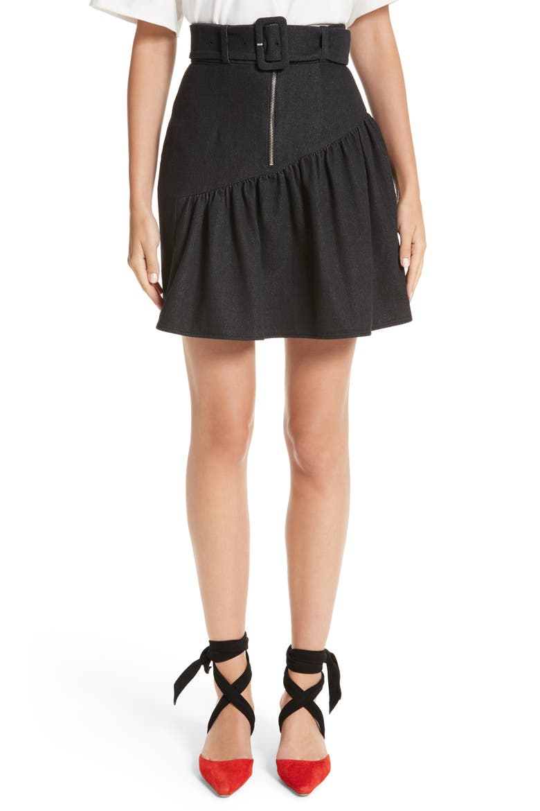 Belted Ruffle Denim Miniskirt, Main, color, COTTON DENIM BLACK