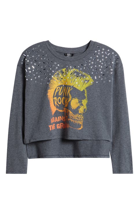 Kids' Punk Rock Embellished High-Low Cotton Graphic Sweatshirt (Big Kid)