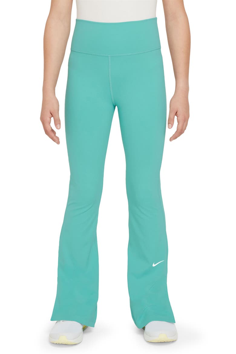 Kids' Nike One Dri-FIT Flare Leggings, Main, color, GREEN FROST/ WHITE