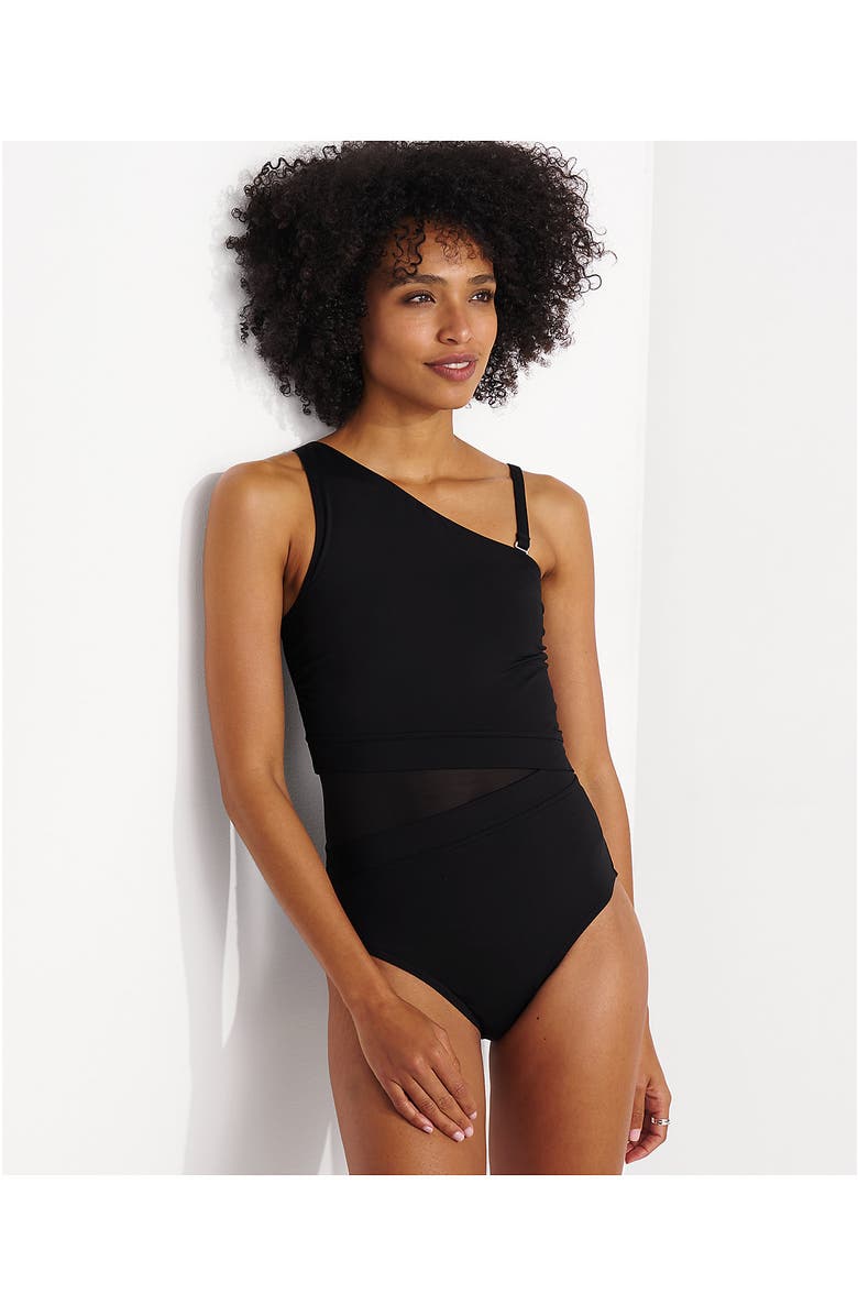 Lands' End Chlorine Resistant Smoothing Control Mesh High Leg One Shoulder One Piece Swimsuit, Alternate, color, Black