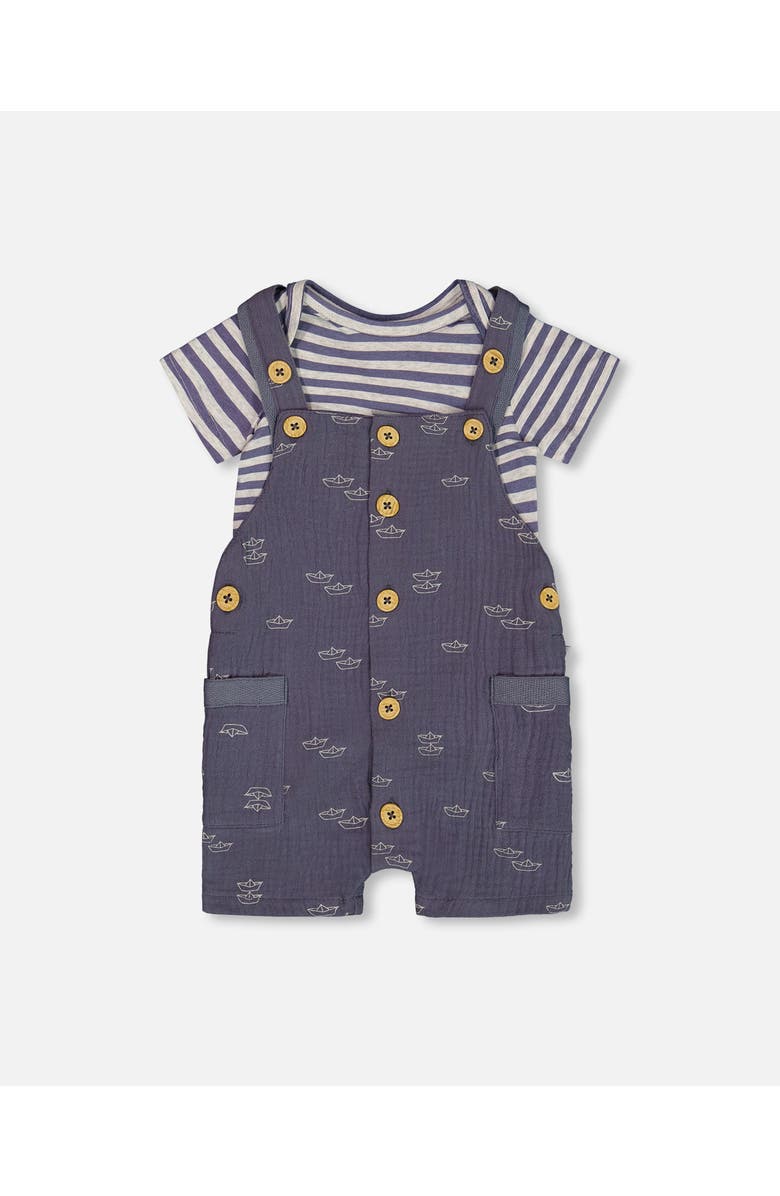 Deux par Deux Baby Boy's Printed Organic Cotton Bodysuit And Muslin Shortall Set Navy Blue Paper Boats, Main, color,