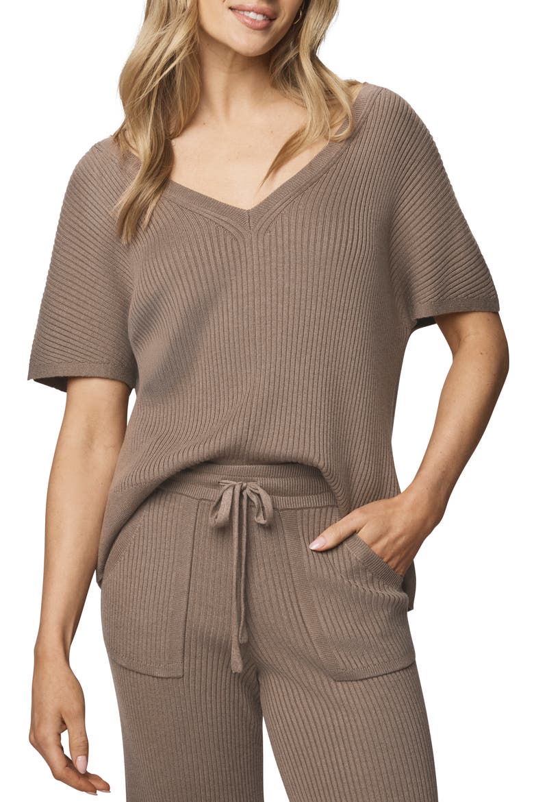 Georgie V-Neck Short Sleeve Rib Sweater, Main, color, CEDAR BROWN