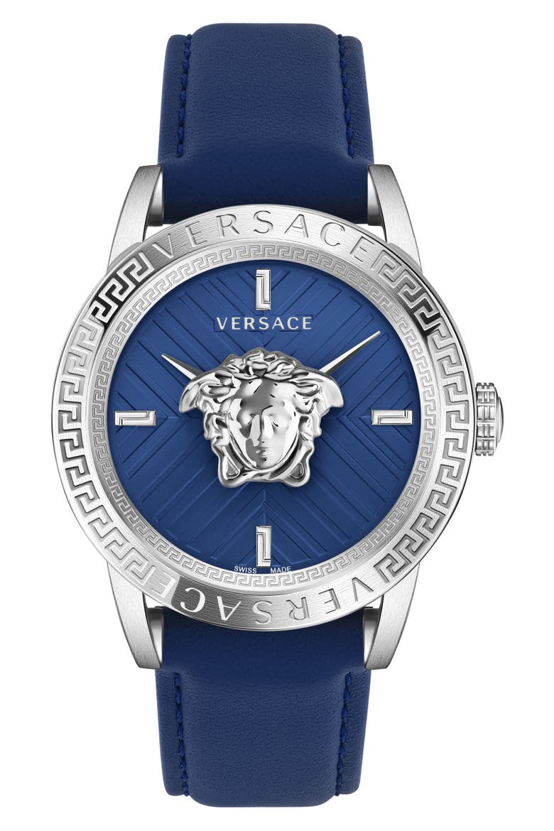 V-Code Swiss Quartz Leather Strap Watch, 43mm, Main, color, STAINLESS STEEL