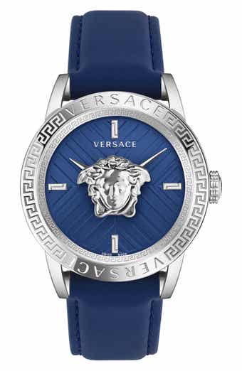 Versace V-Code Swiss Quartz Leather Strap Watch, 43mm