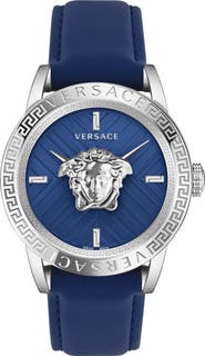 Versace V-Code Swiss Quartz Leather Strap Watch, 43mm