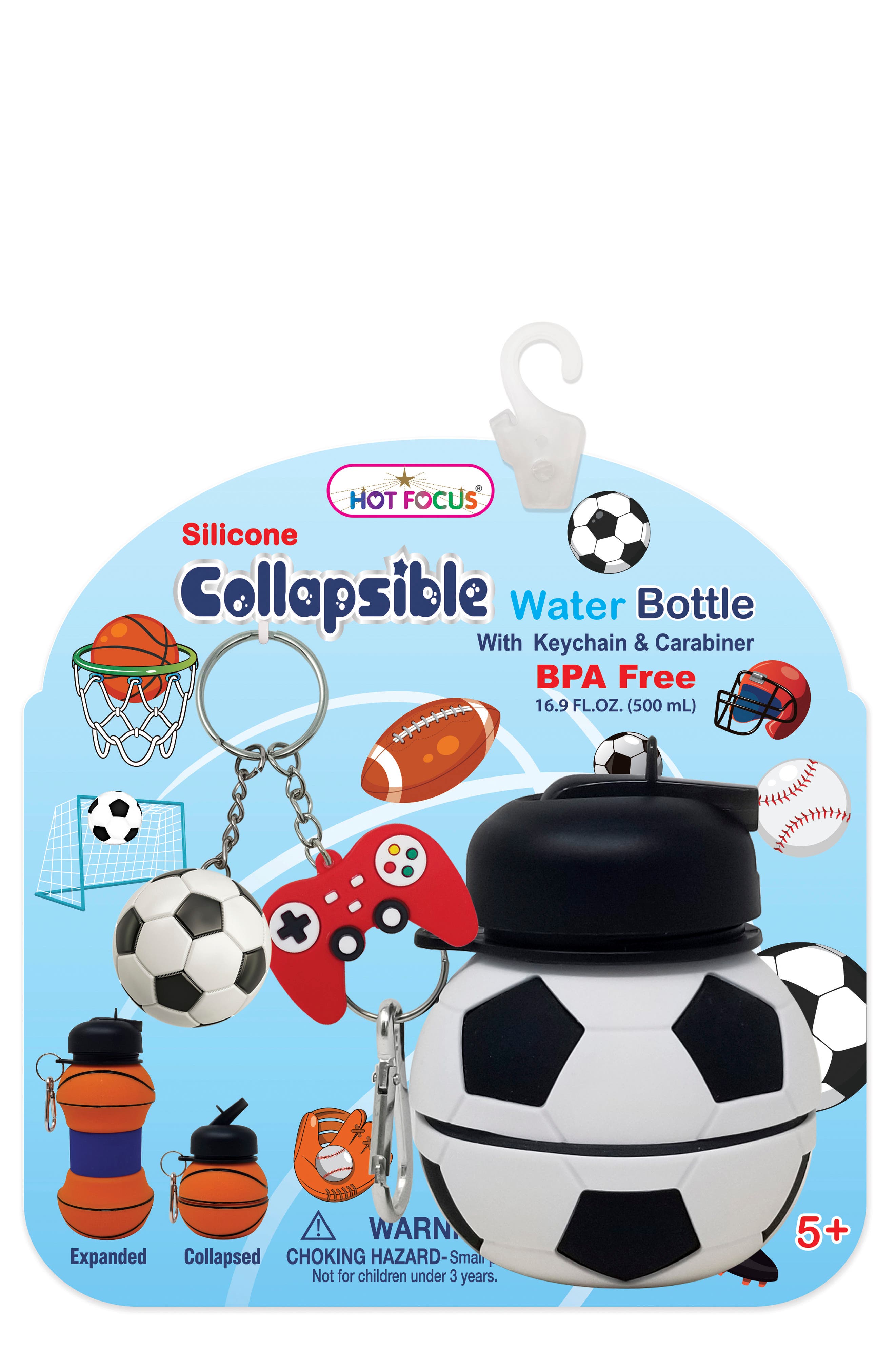 HOT FOCUS Kids' Collapsible Water Bottle with Carabiner Clip and Keychain, Main, color, Multi Color