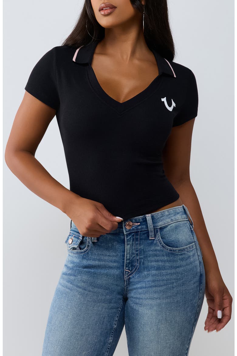 Ribbed Deep V Graphic Polo, Main, color, JET BLACK