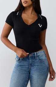 True Religion Ribbed Deep V Graphic Polo