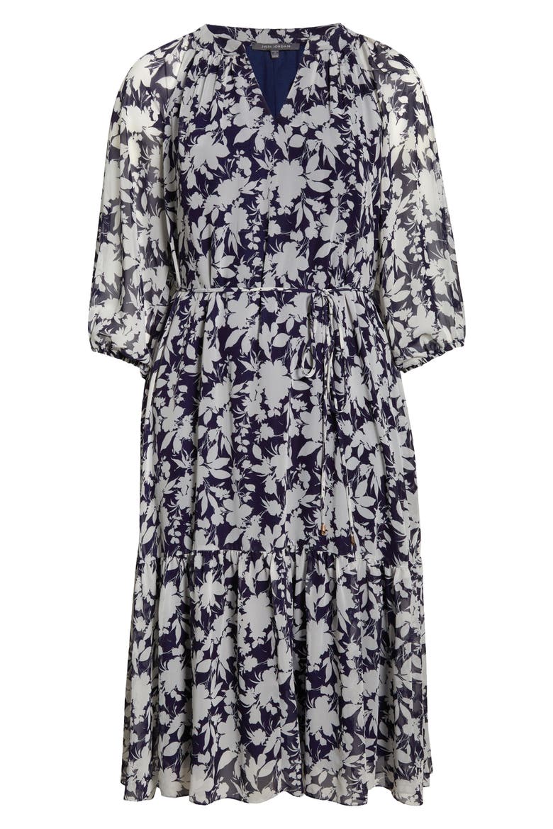 Puff Sleeve Tie Belt Midi Dress, Alternate, color, NAVY IVORY