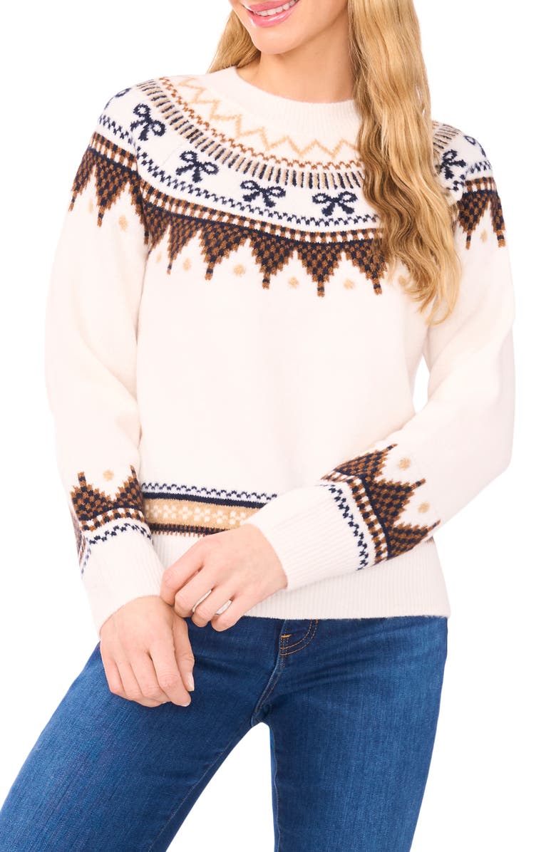 CeCe Bow Fair Isle Ribbon Detail Crewneck Sweater, Main, color, Toasted