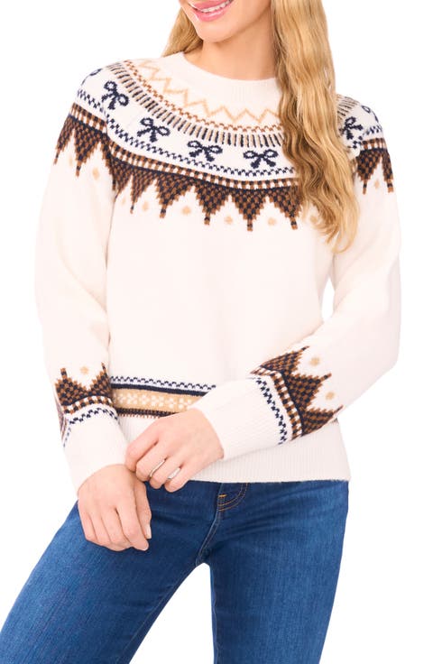 Bow Fair Isle Ribbon Detail Crewneck Sweater