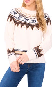 CeCe Bow Fair Isle Ribbon Detail Crewneck Sweater