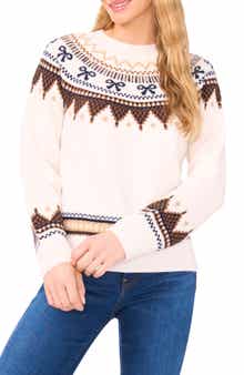 CeCe Bow Fair Isle Ribbon Detail Crewneck Sweater