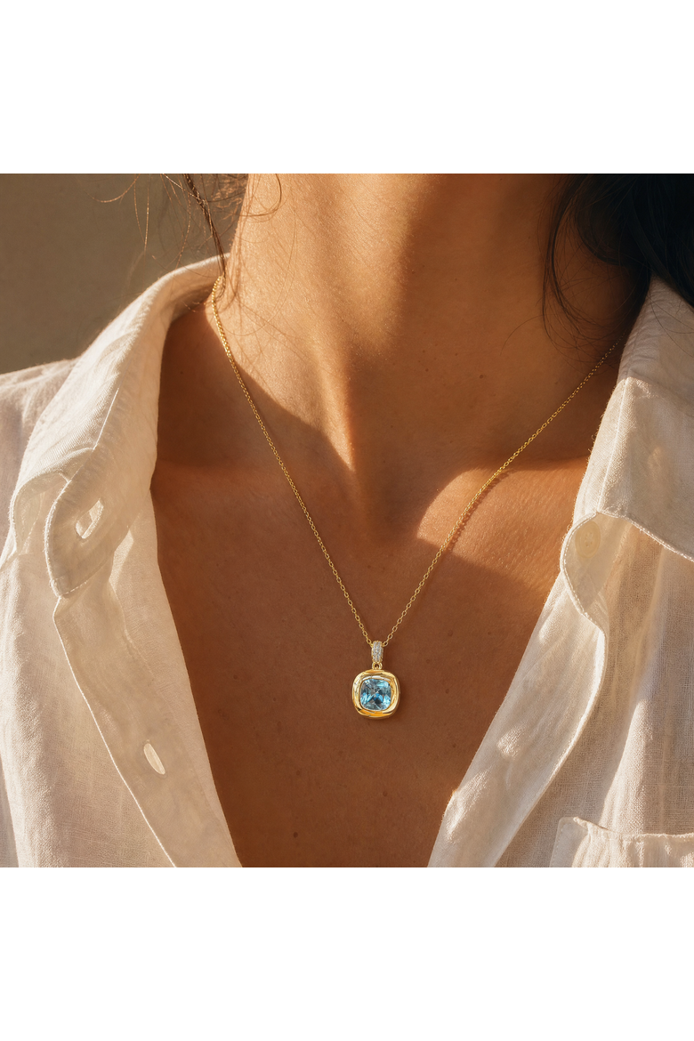 Aquamarine Cushion Cut Drop Pendant Necklace, Alternate, color, Aqua