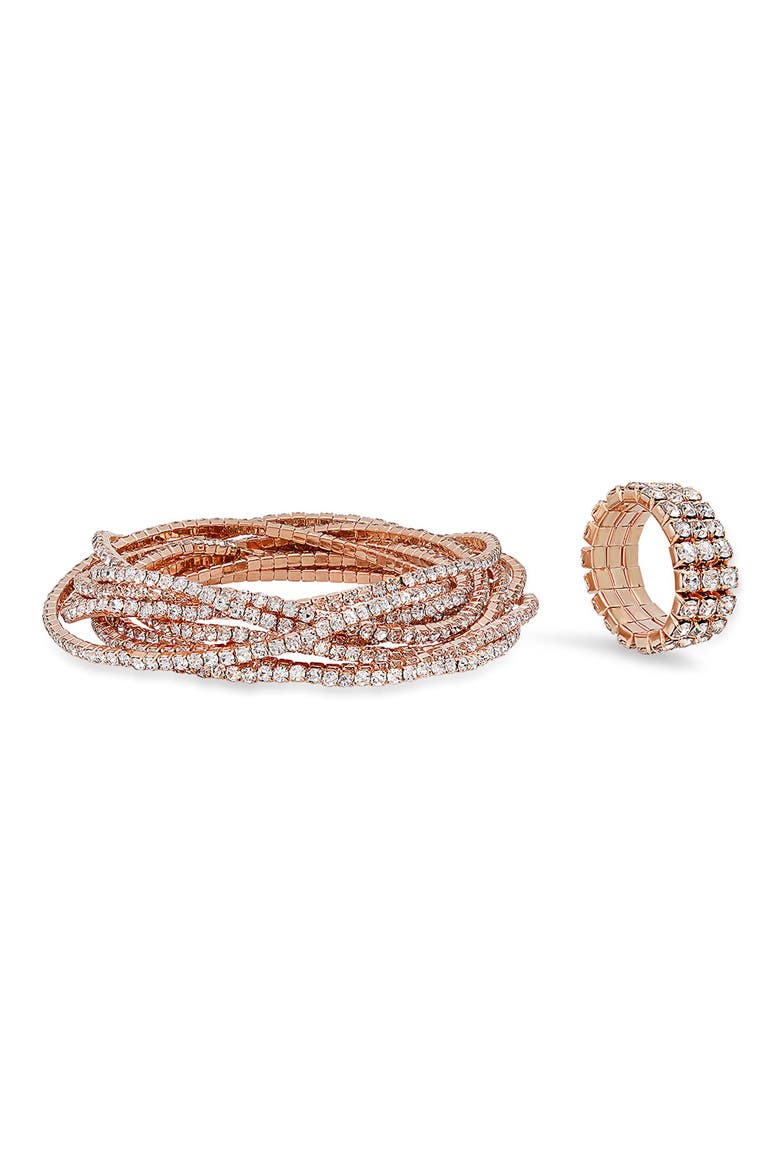 Simulated Diamond Flexible Bracelet & Ring Set, Main, color, ROSE GOLD