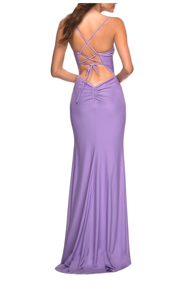 La Femme Long Prom Dress in Luxurious Jersey with Slit, Alternate, color, Periwinkle