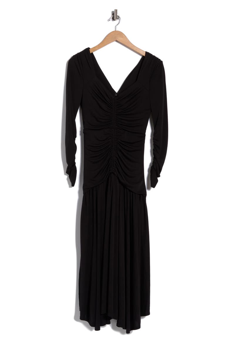 Evedene Ruched Long Sleeve Midi Dress, Main, color, BLACK