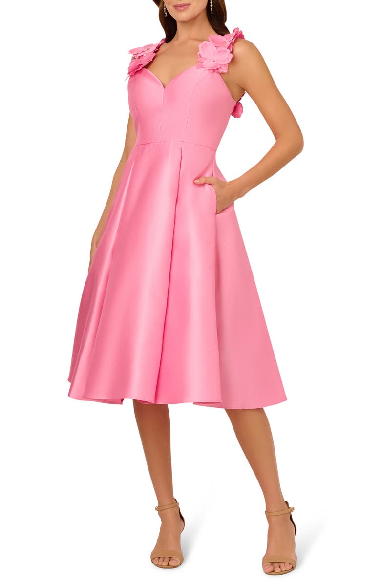 Adrianna Papell Floral Appliqué Pleated Mikado Cocktail Dress, Main, color, 