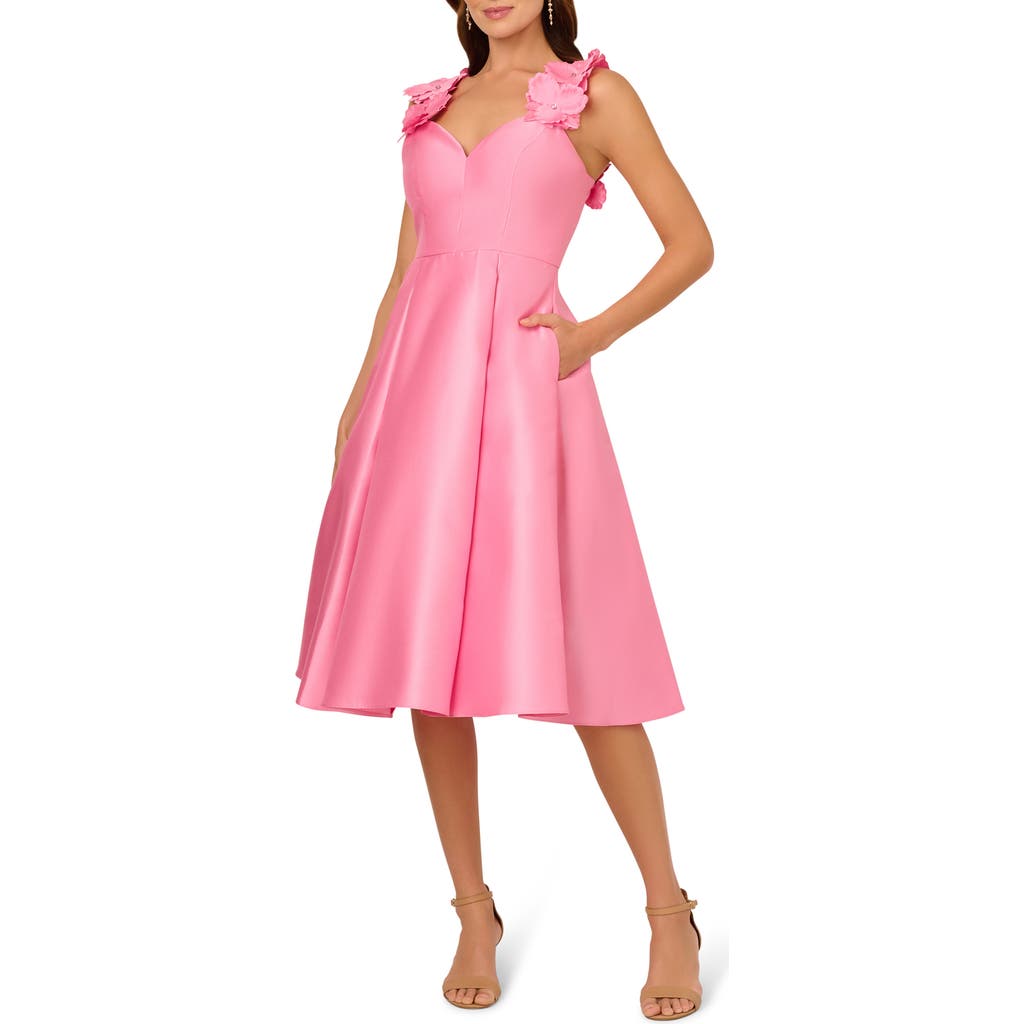 Adrianna Papell Floral Appliqué Pleated Mikado Cocktail Dress in Cherry Blossom