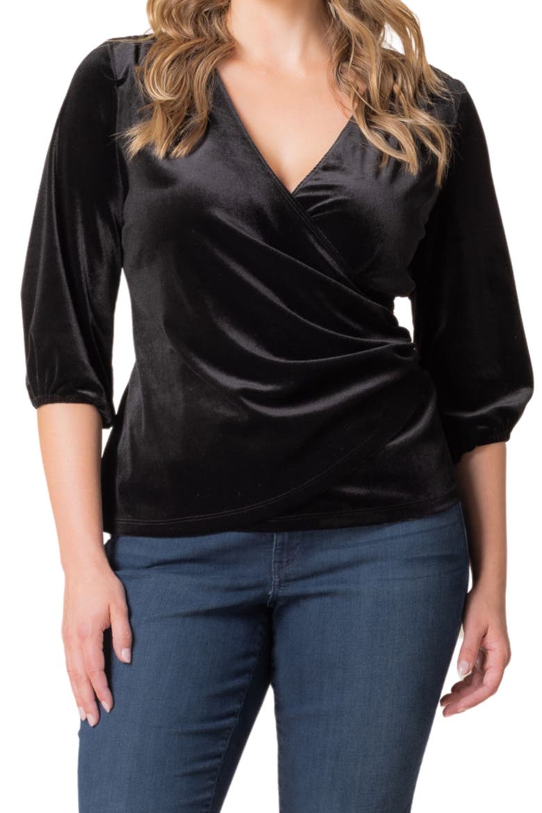 Odette Velvet Faux Wrap Top, Alternate, color, ONYX
