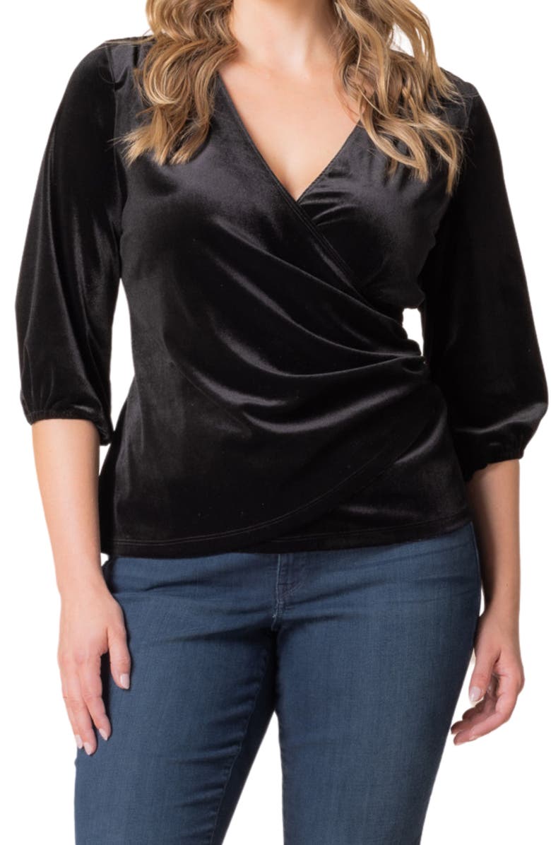 Kiyonna Odette Velvet Faux Wrap Top, Alternate, color, Onyx