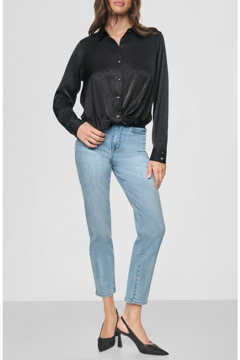 Twist Front Crinkle Satin Shirt, Alternate, color, BLACK