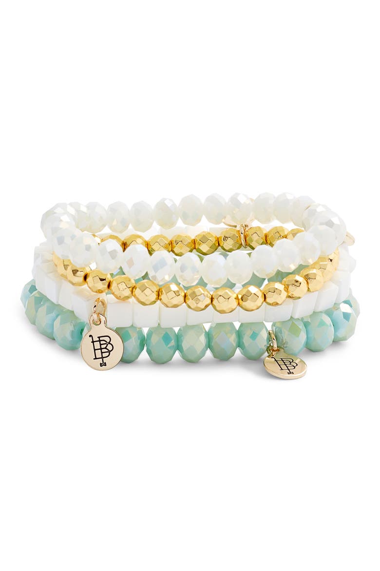 Set of 4 Beaded Stretch Bracelets, Main, color, WHITE/ SEAFOAM/ GOLD