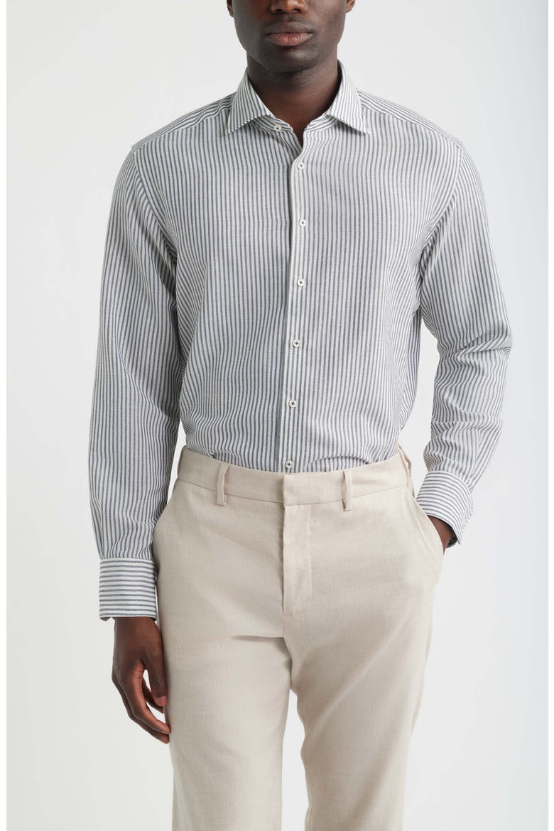 Soft Luxury Modern Fit Stripe Wool & Linen Non-Iron Dress Shirt, Main, color, NAVY