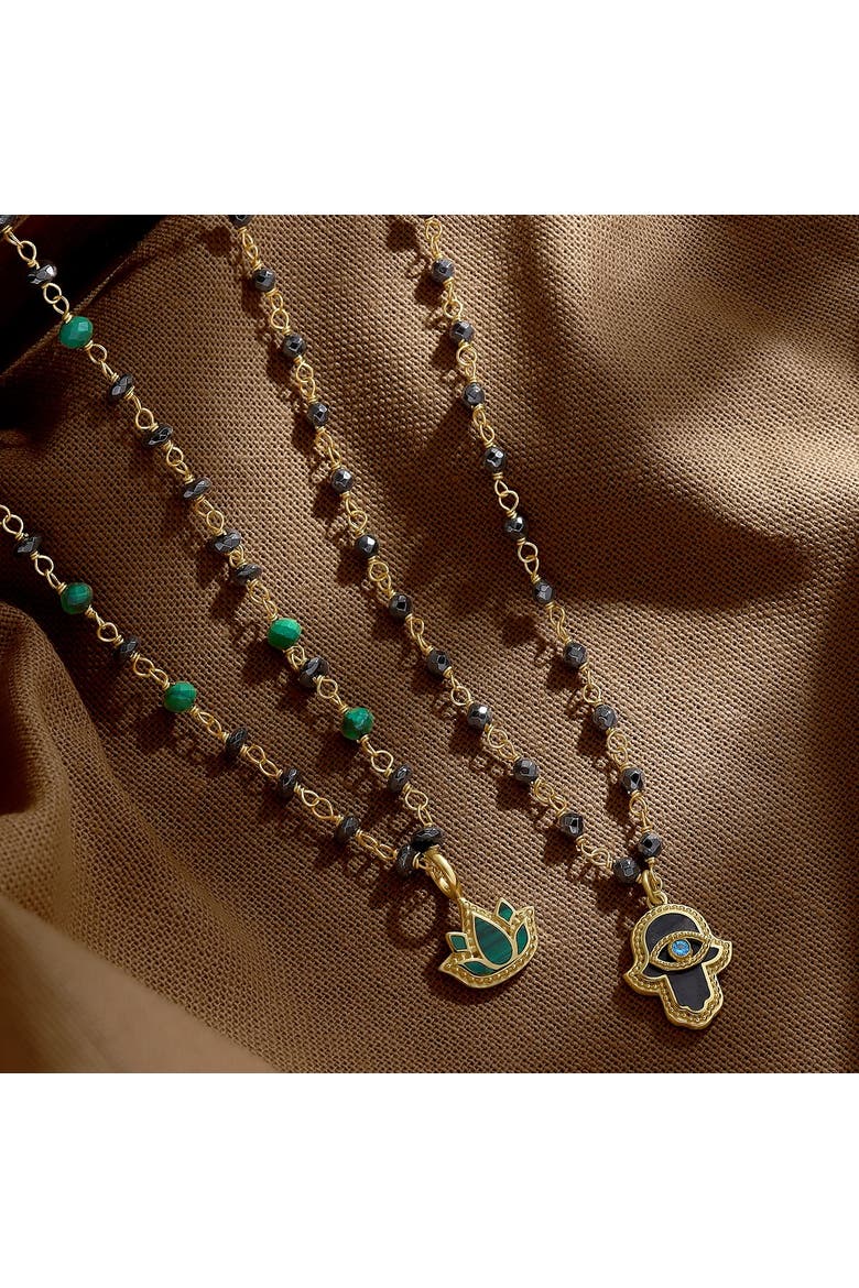 Hamsa Pendant Hematite Aquamarine Women's Beaded Necklace - Celestial Flow, Alternate, color, Grey/Gold