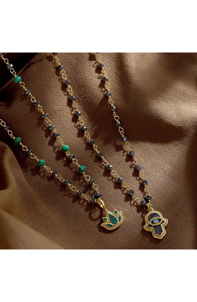 Karma and Luck Hamsa Pendant Hematite Aquamarine Beaded Necklace Celestial Flow, Alternate, color, Grey/Gold