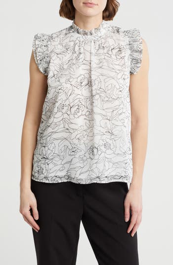 T Tahari Ruffle Cap Sleeve Top In White Star Black Sketch Floral