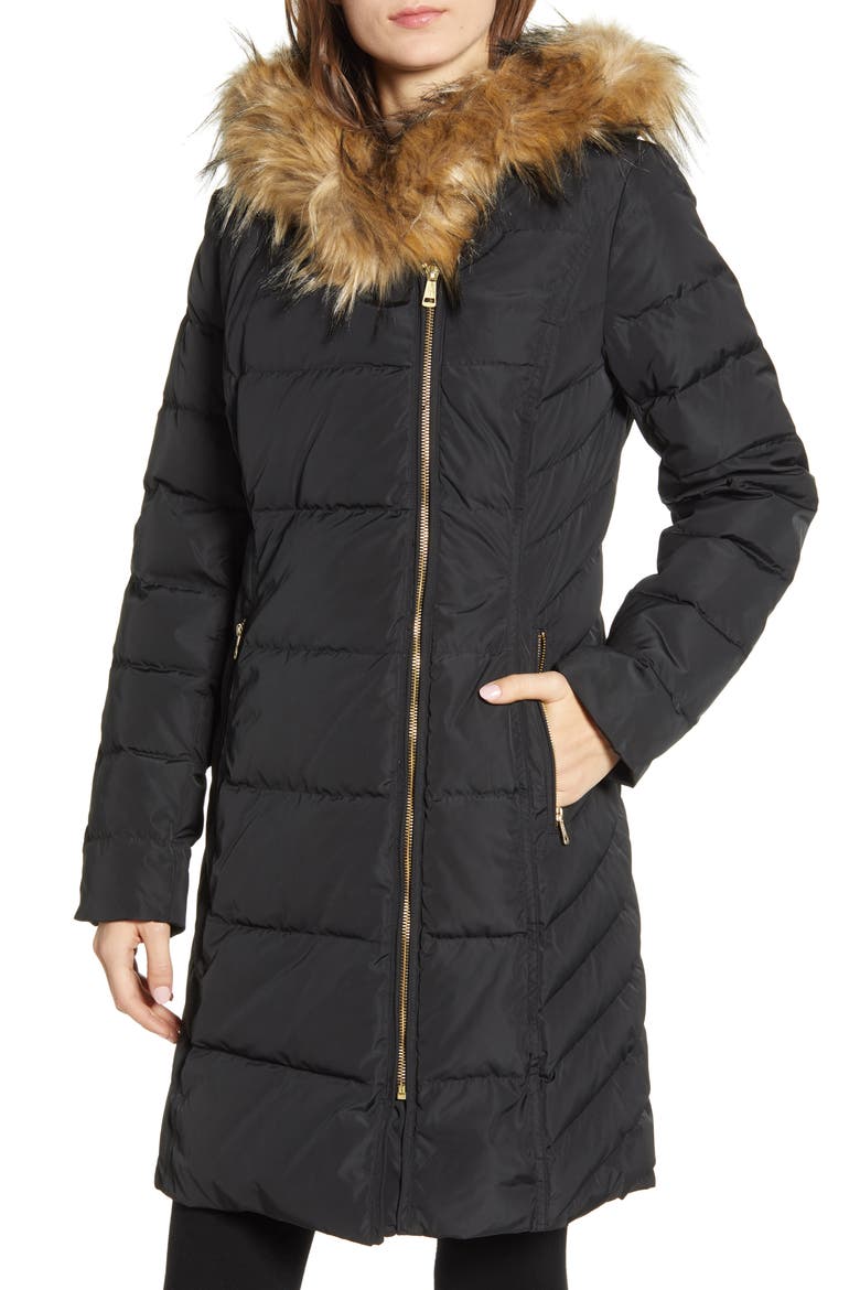 Cole Haan Feather & Down Puffer Jacket with Faux Fur Trim, Alternate, color, BLACK