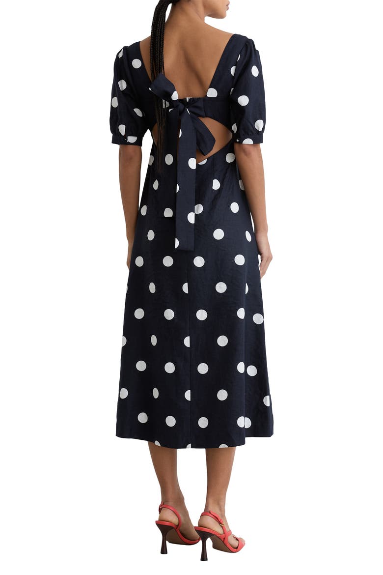 Astrid Polka Dot Puff Sleeve Open Back Linen Midi Dress, Alternate, color, NAVY/ IVORY