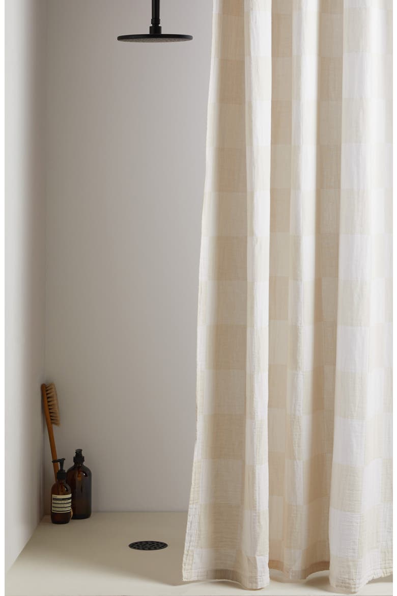Check Cotton Gauze Shower Curtain, Alternate, color, BONE AND WHITE