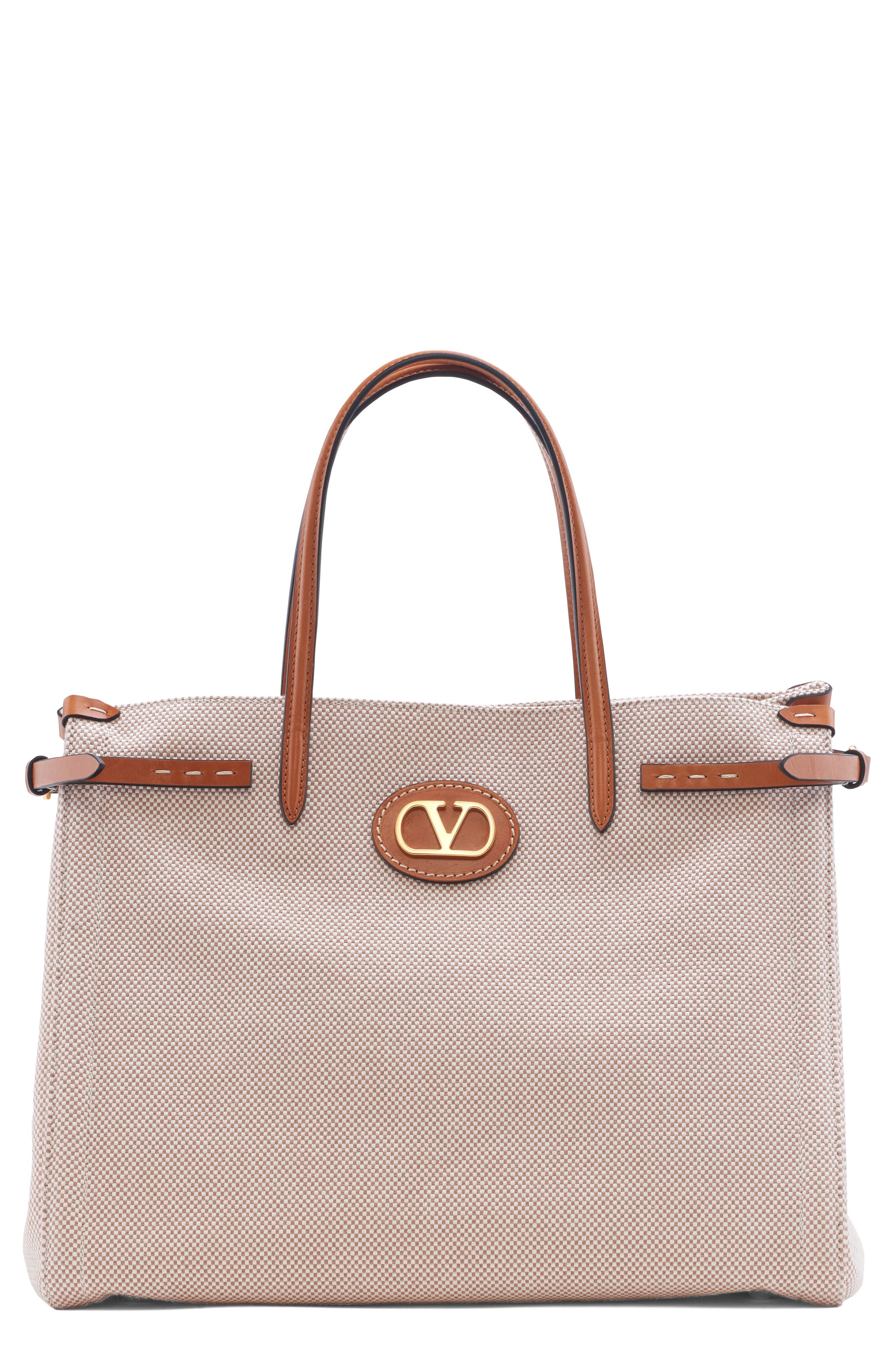 Valentino Garavani Medium Antibes Canvas Tote, Main, color, Naturale/ Tobacco/ Camel