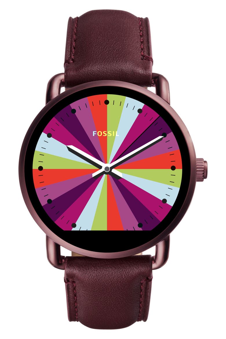 Wander Leather Strap Digital Smart Watch, 45mm, Alternate, color, WINE/ BLACK