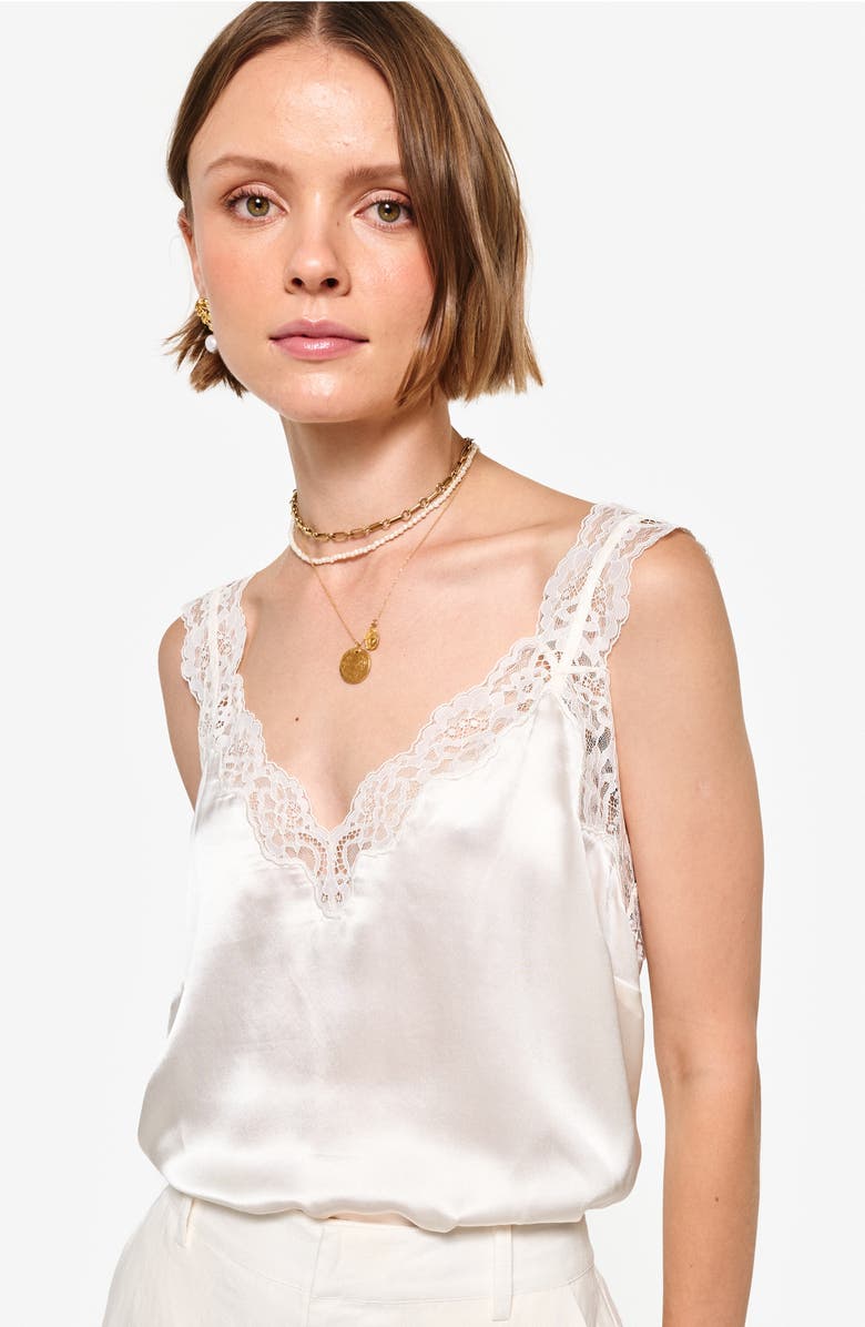 CAMI NYC Fernanda Lace Trim Silk Charmeuse Tank, Alternate, color, Macadamia