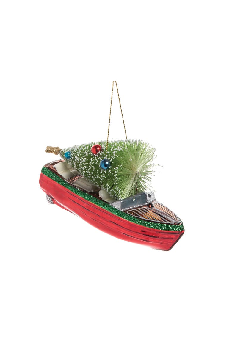 Runabout Boat Glass Christmas Ornament, Main, color, Green