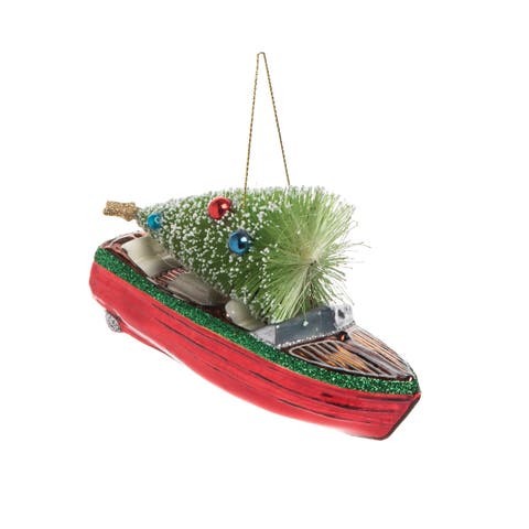 Runabout Boat Glass Christmas Ornament