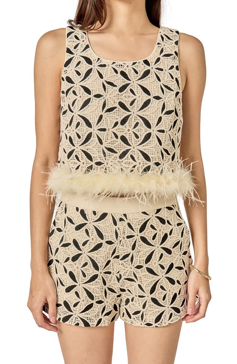 English Factory Crochet Lace Feather Crop Tank, Alternate, color, Cream/ Black