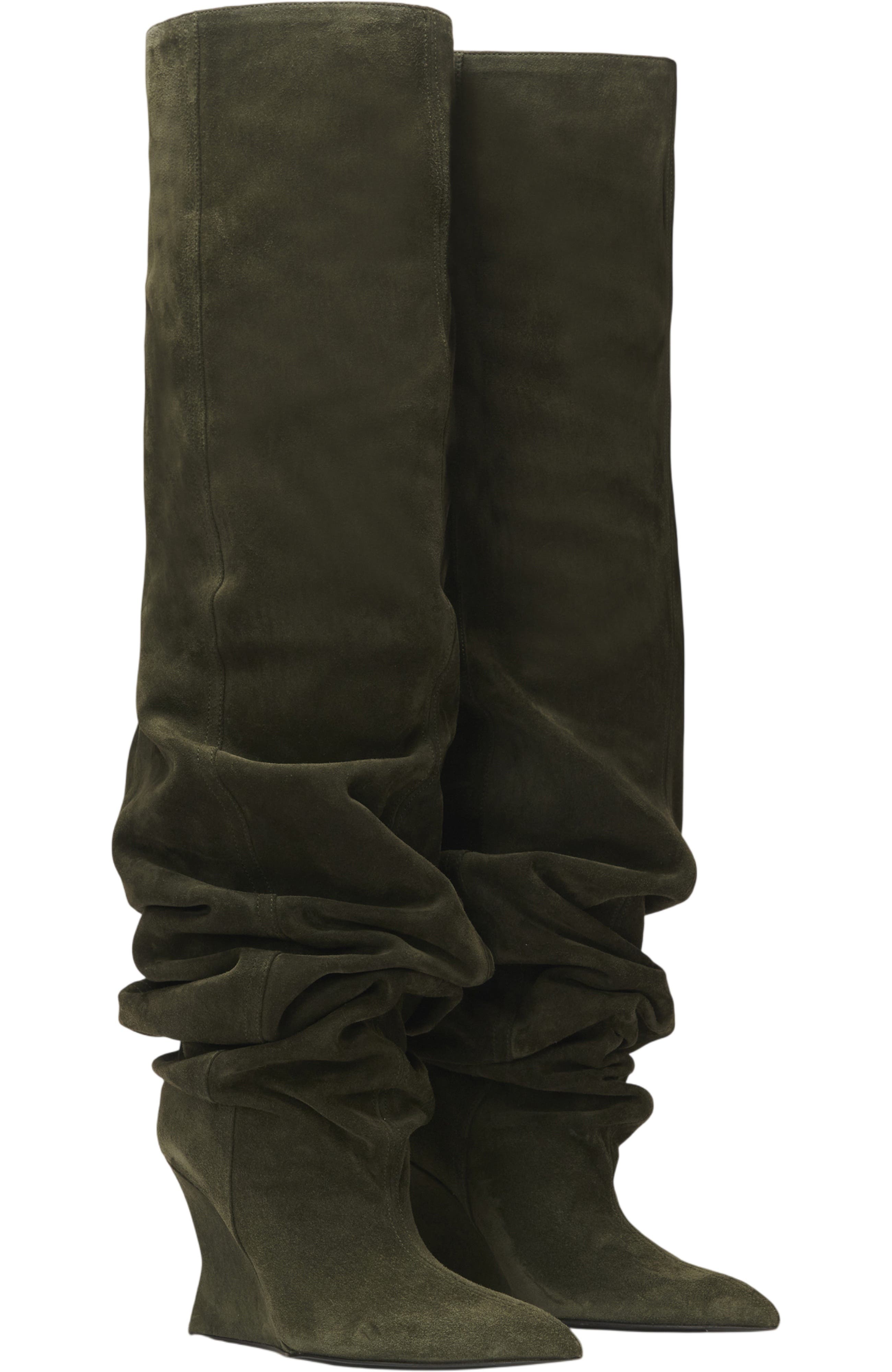 Balmain Suede leather Wedge thigh-high boots, Main, color, Khaki