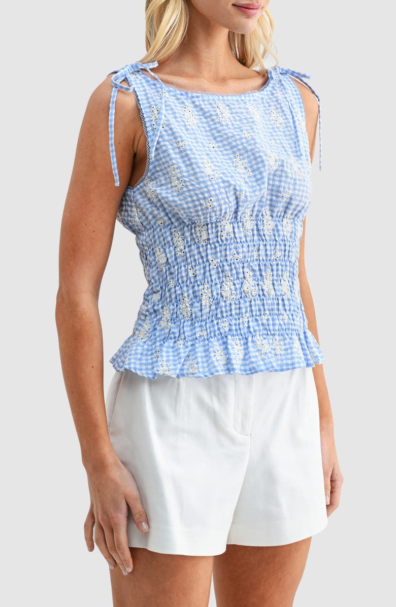 Lush Shoulder Tie Smocked Top, Main, color, Blue Gingham