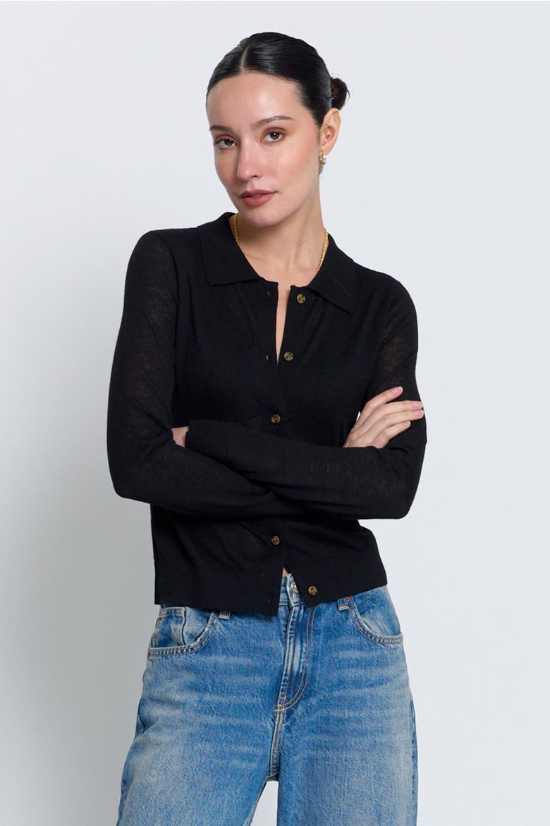 Sienna Sheer Isla Button Up Collared Sweater, Alternate, color, BLACK