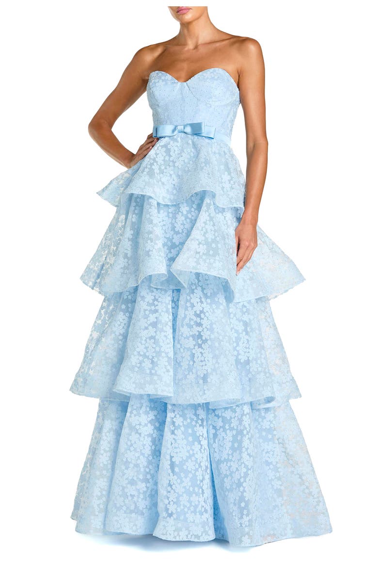 Mac Duggal Strapless Floral Organza Tiered Gown with Bow, Main, color, Powder Blue